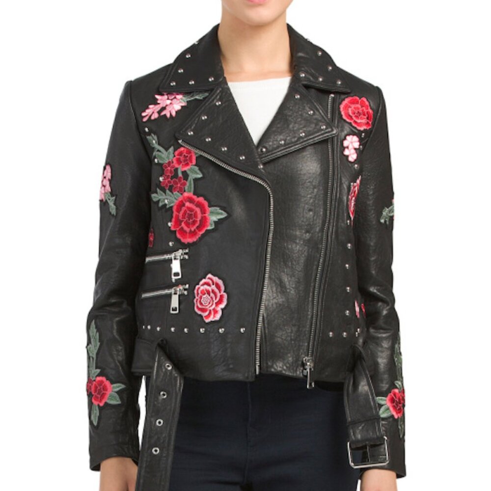 Belle Vere Moto Biker Leather Floral Embroidered Studded Jacket